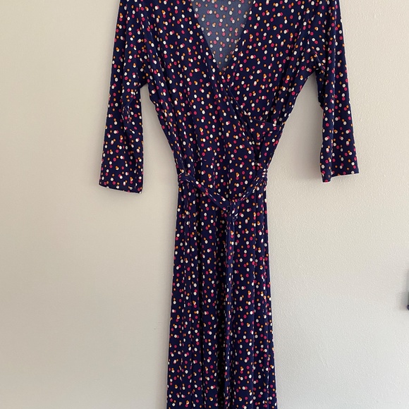 Leota Faux Wrap Dress,  Size L,  Navy Polka Dot, 3/4  sleeve - Picture 2 of 5